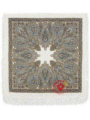 Павлопосадский шерстяной платок с шелковой бахромой «Ольга Лабзина», рисунок 1008-1